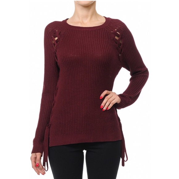 Burgundy Lace-Up Sweater - Picture 2 of 3